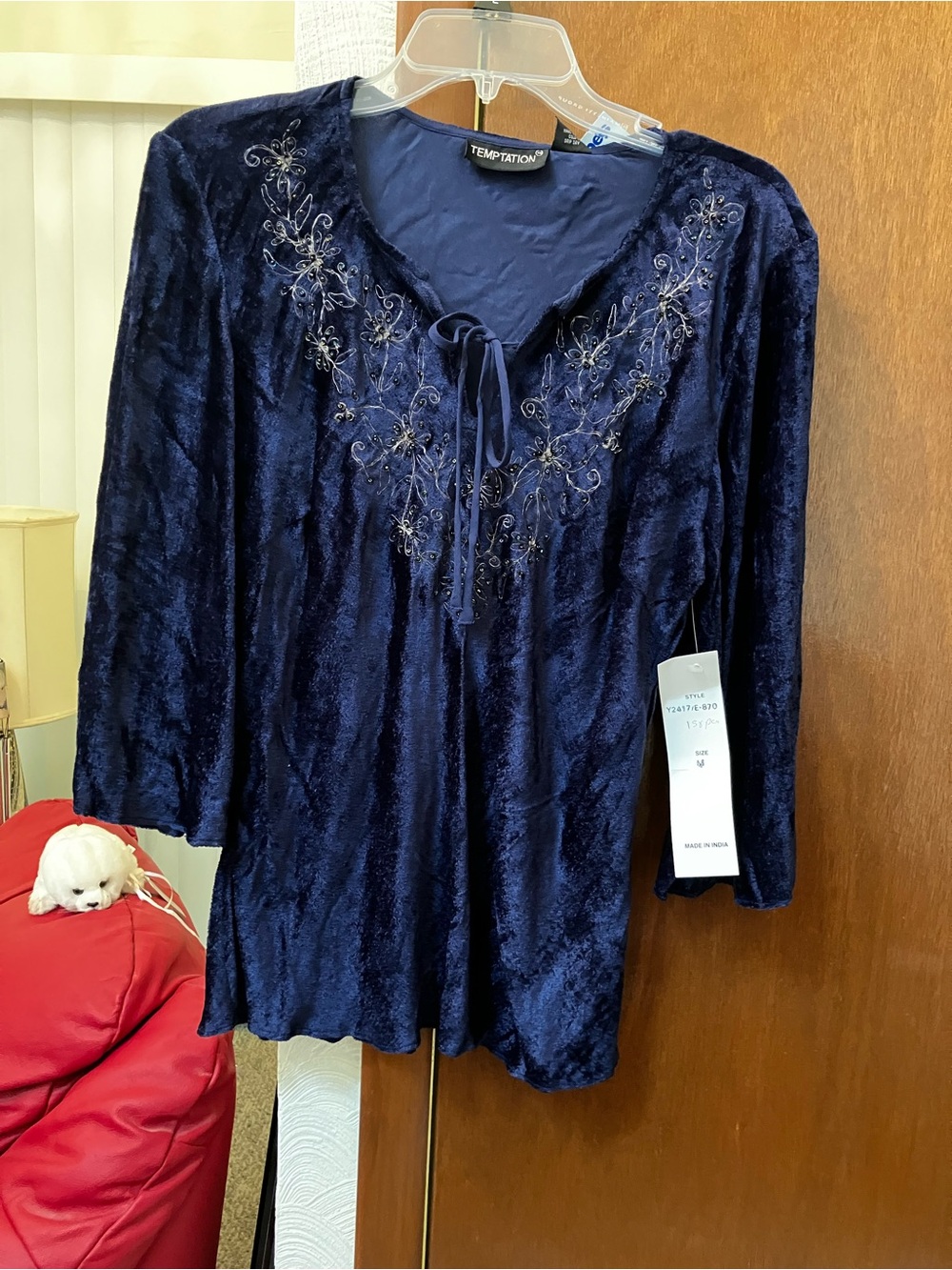 Temptations Navy Velvet Embroidered Tie-Neck Tunic NWT